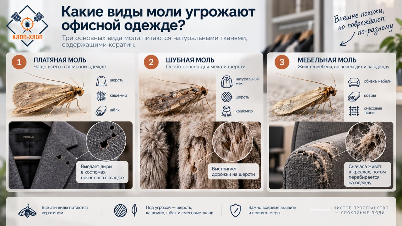Какие виды моли угрожают офисной одежде: платяная, шубная, мебельная